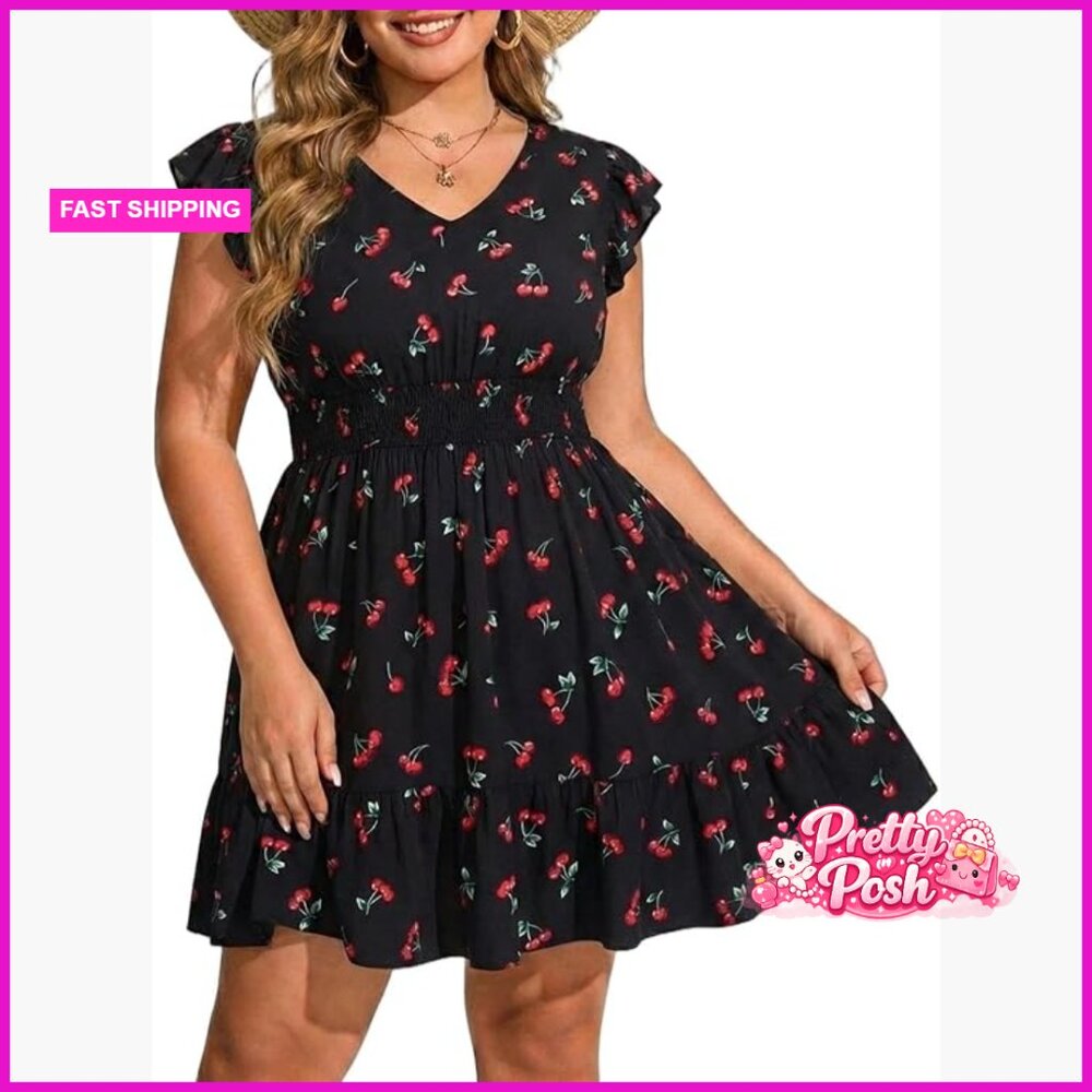 Plus Size V-Neck Ruffle Sleeve Flowy Sundress with Pockets